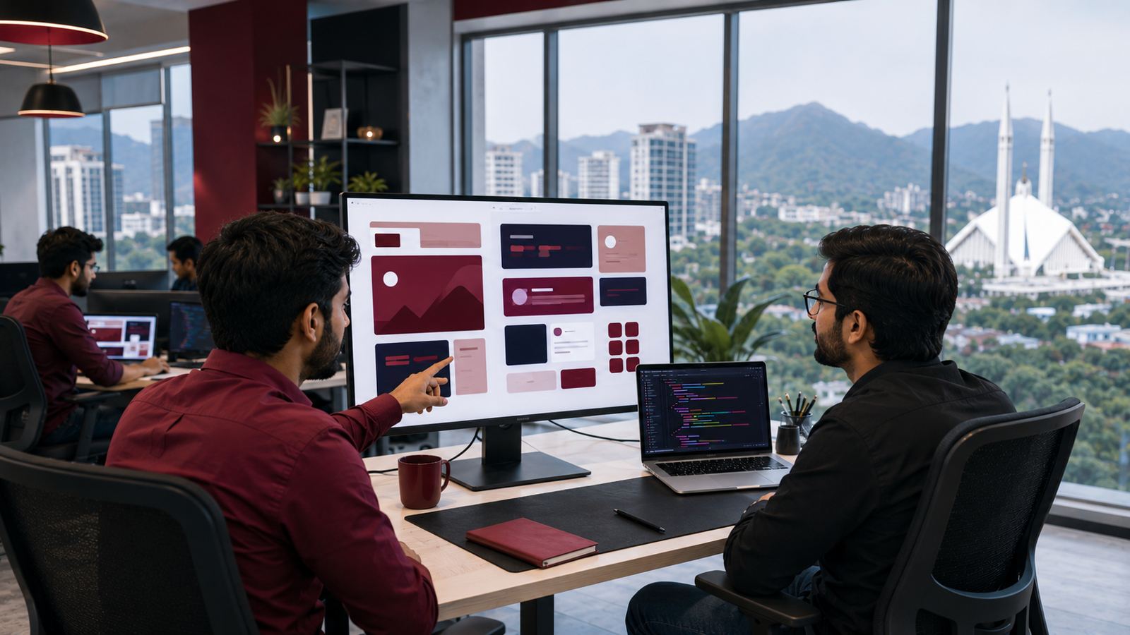KClicks website development team in Islamabad reviewing a responsive website design mockup on a large monitor